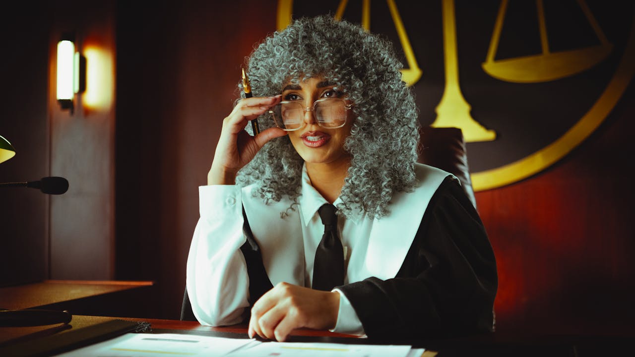 gallery-1 An elegant judge in robes sits at a desk in a courtroom, poised and authoritative.